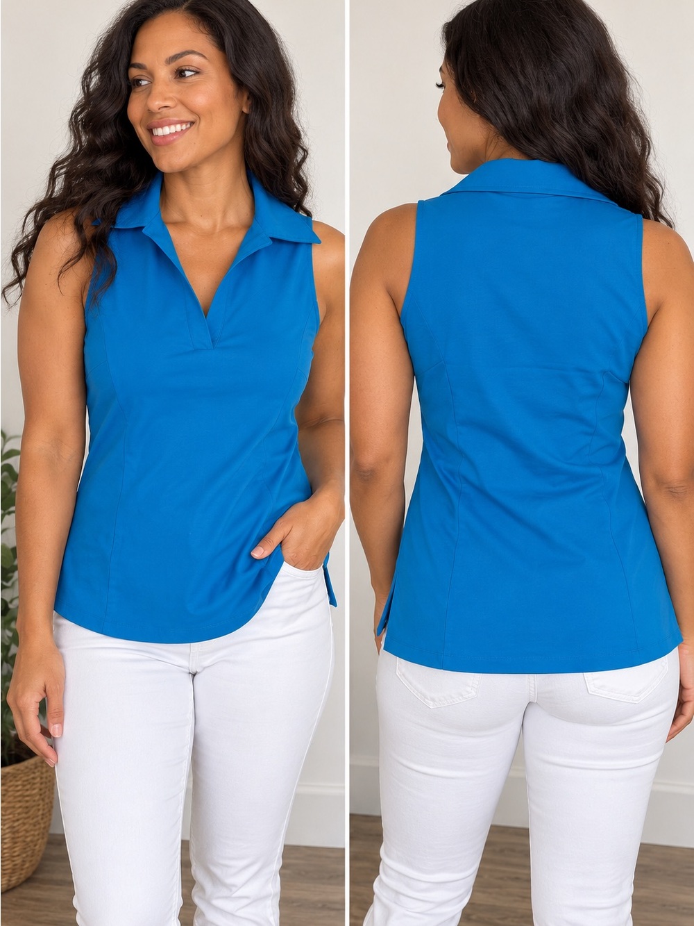 Express Collared V-Neck Sleeveless Tank in Bright Blue